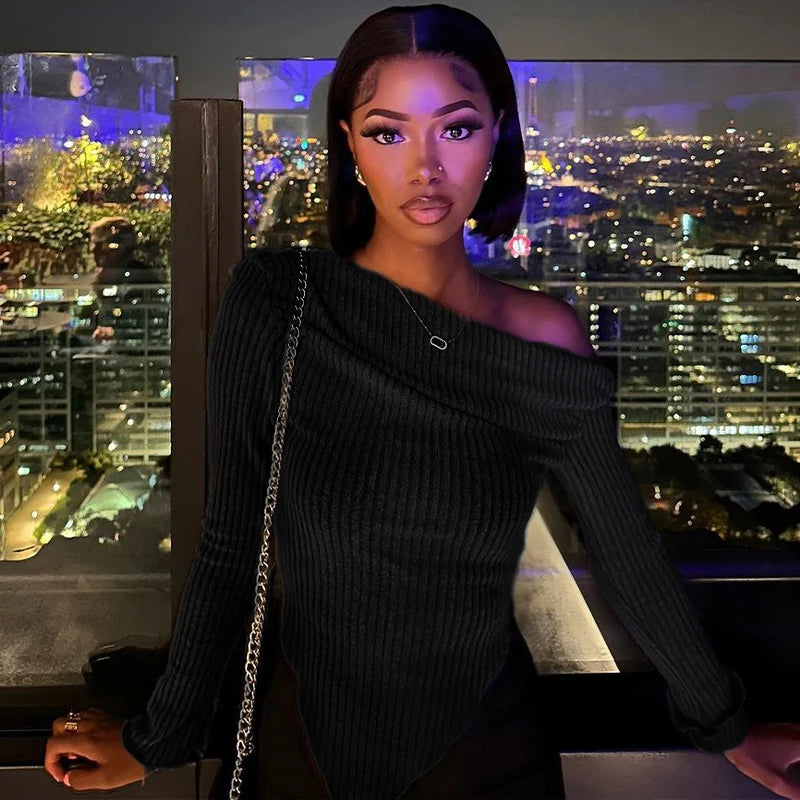 Autumn Winter New T-shirt Women Sexy Black Skew Collar Tees Fashion Long Sleeves Asymmetrical Lady Elegant Versatile Clothing