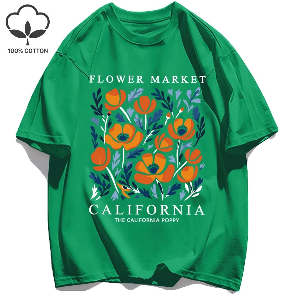 Yellow Flowers Market California Print T-Shirt Woman Soft Cotton Tee Top O-Neck Casual T Shirt Crewneck Sports Short Sleeve