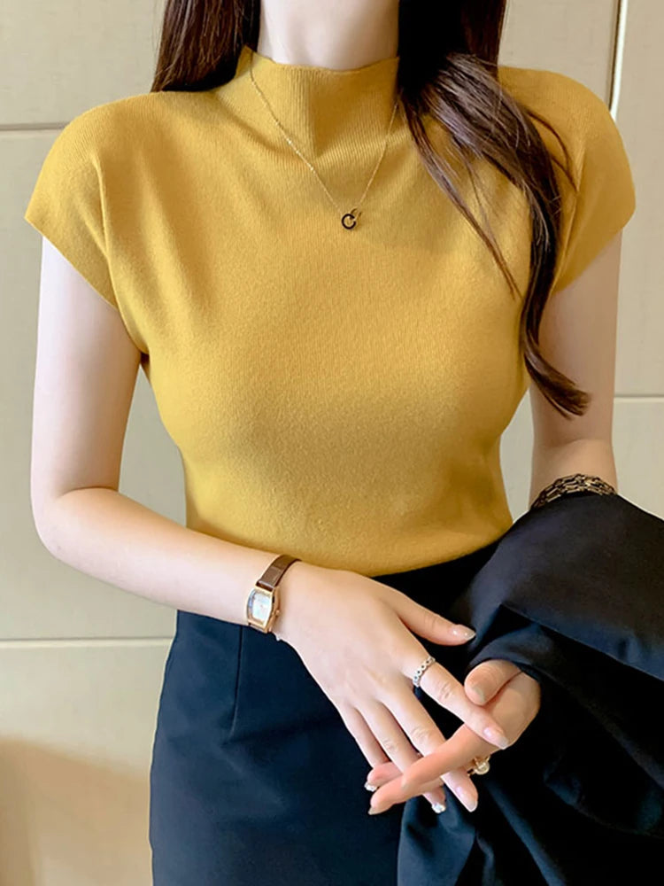 Fashion Woman Blouses Short Sleeve Summer Tops Blouse Women Turtleneck Knitted Blouse Shirt Women Tops Blouses