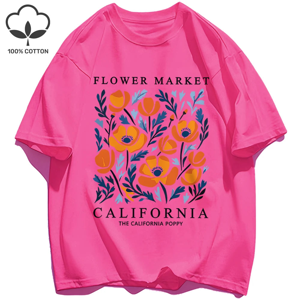 Yellow Flowers Market California Print T-Shirt Woman Soft Cotton Tee Top O-Neck Casual T Shirt Crewneck Sports Short Sleeve