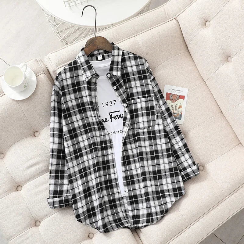 2025 New Fashion Loose Womens Plaid Shirt Fresh College Style Design Blouses And Tops Long Sleeve Casual Female Checked Clothes