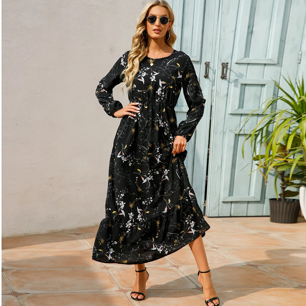 2025 Sping Summer Bohemian Women Maxi Dress Casual Long Sleeve High Waist Beach Woman Chiffon Dresses Floral Vestidoes Mujer New