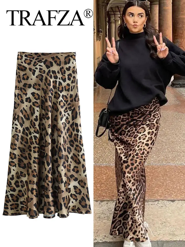 TRAFZA 2025 Women Fashion Leopard Print Skirt Vintage High Waist Midi Skirts Elegant Women Summer Casual Streetwear Skirt