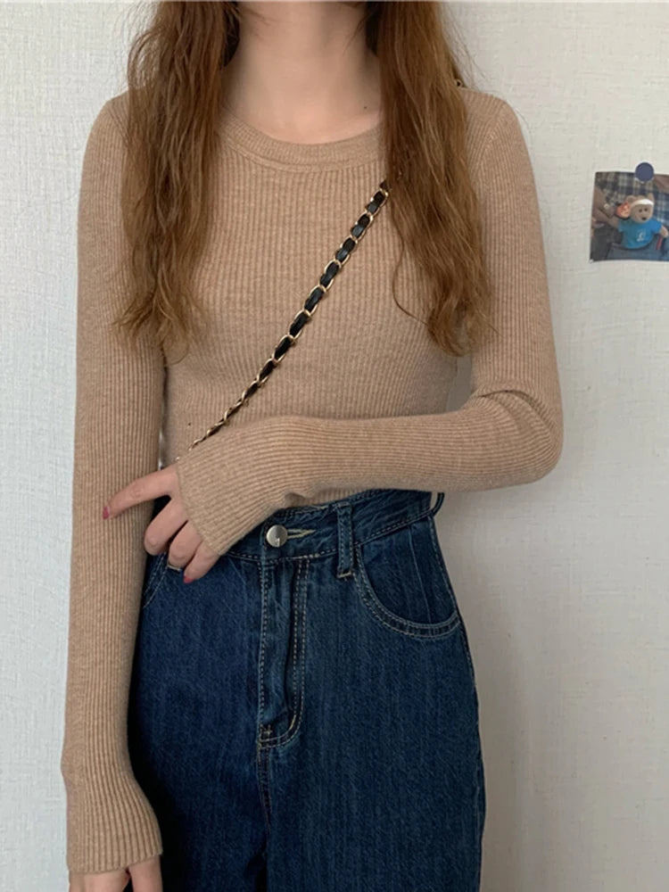 2025 New Women Sweater Autumn Winter Long Sleeve Pullover Basic Top Fashion O-neck Elastic Female Winter Solid Knitted Jumper