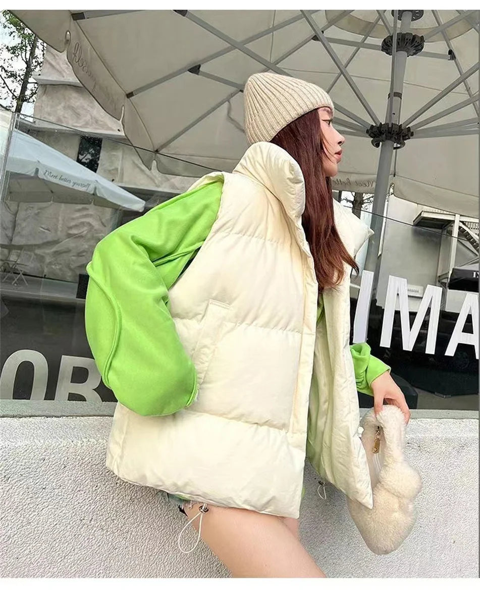 Women Fashion Autumn New 2025 Stand Collar Elegant Down Coats Warm Outerwear Casual Belt Sleeveless Winter Women Vests Jackets