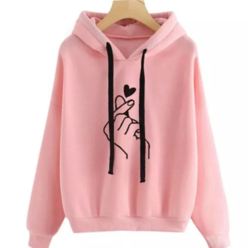 Autumn Fleece Hoodie Solid Color Finger Heart Hooded Korean Fashion Sweatshirts Long Sleeve Top Drawstring Pockets Loose Hoodies