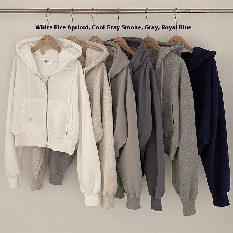 Casual Hood Sweatshirt Women Y2K Zip Up Hoodies Solid Harajuku Long Sleeve Shirt Oversized Crop Tops Female Loose Jackets Coat