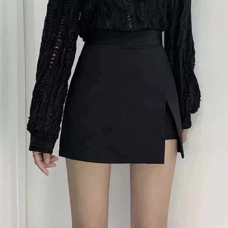 Black Mini Skirts Women Irregular Side Slits High Waist A Line Shorts Skirts Summer Korean Fashion Chic Hip Wrap Skirt Female